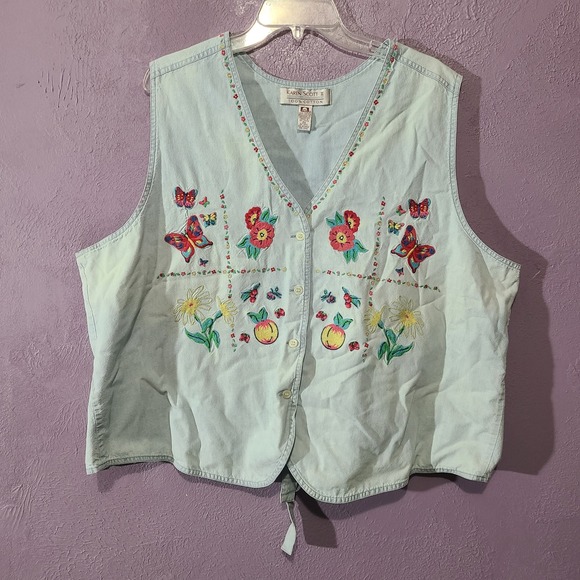 Karen Scott II Jackets & Blazers - Vtg 90s Karen Scott II‎ Womens Vest Blue Denim Butterfly Floral Embroidery 2X